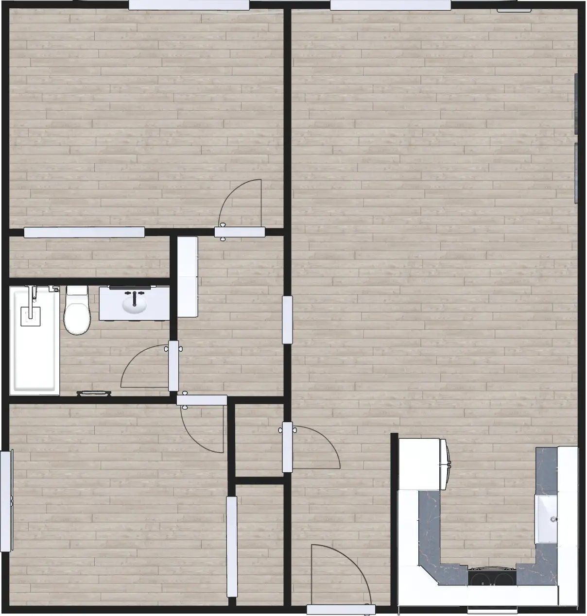3D floor plan a 2 Bed, 1 bath apartment