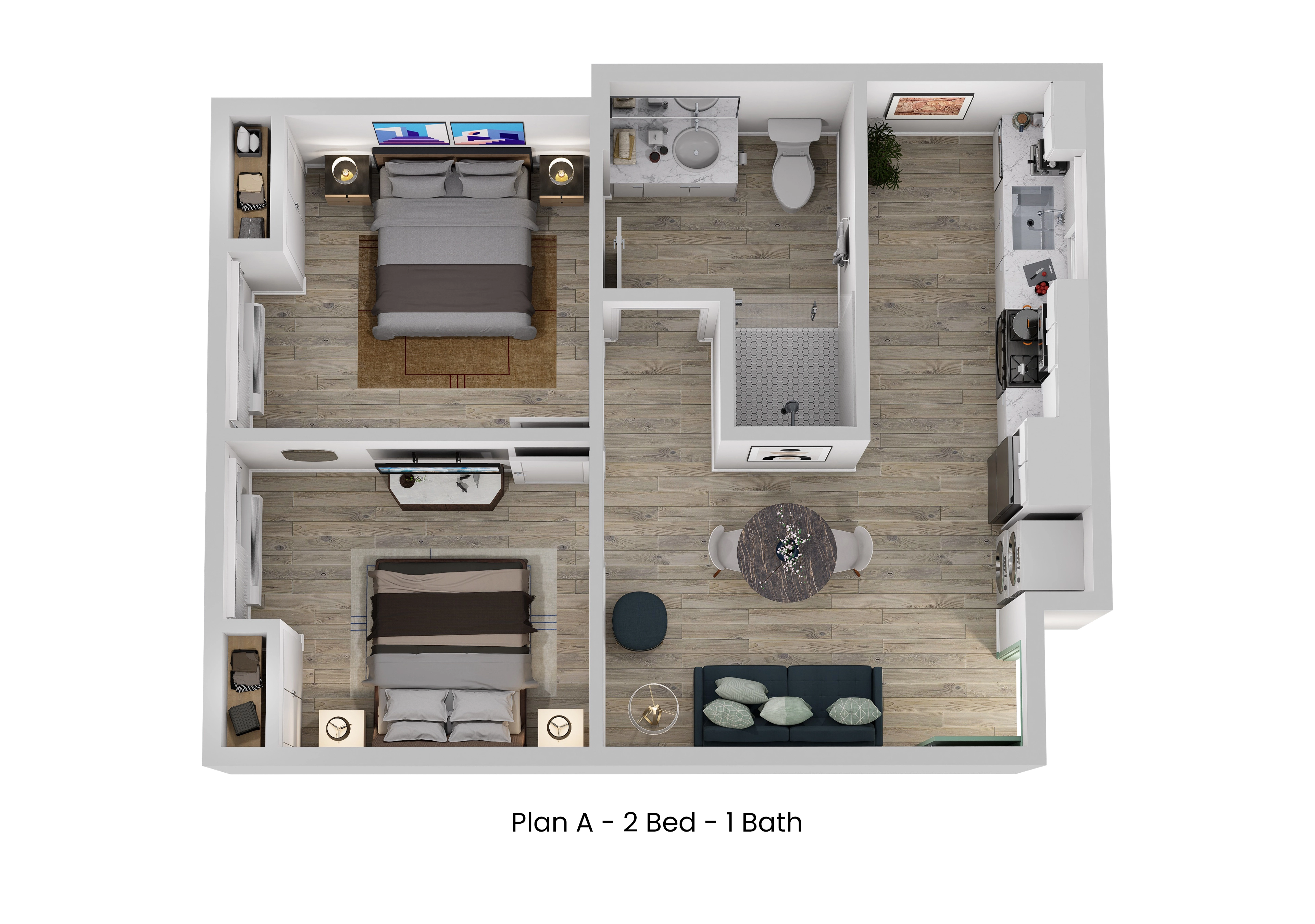 3D floor plan of Plan A, a 2 bed, 1 bath apartment