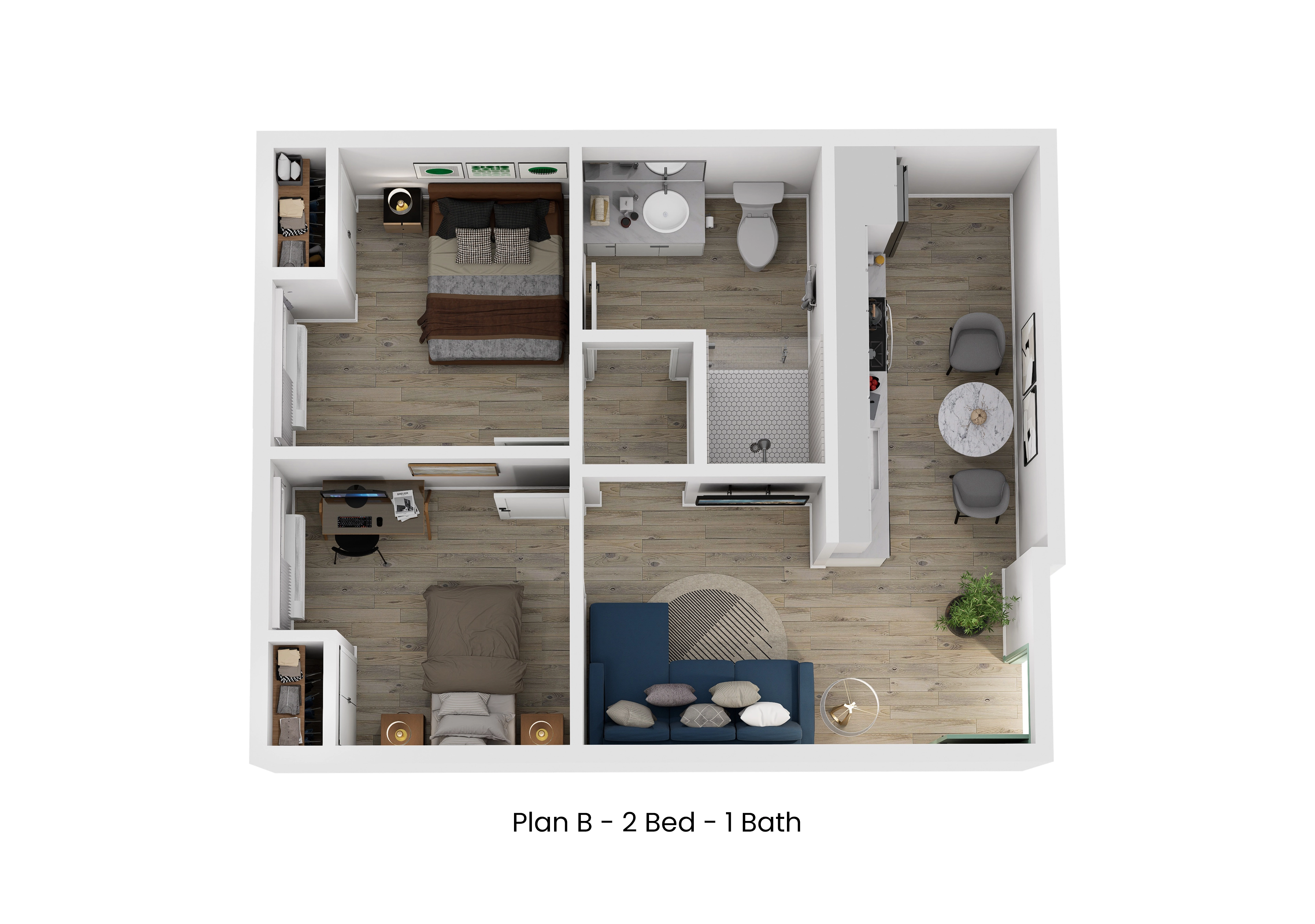 3D floor plan of Plan B, a 2 bed, 1 bath apartment
