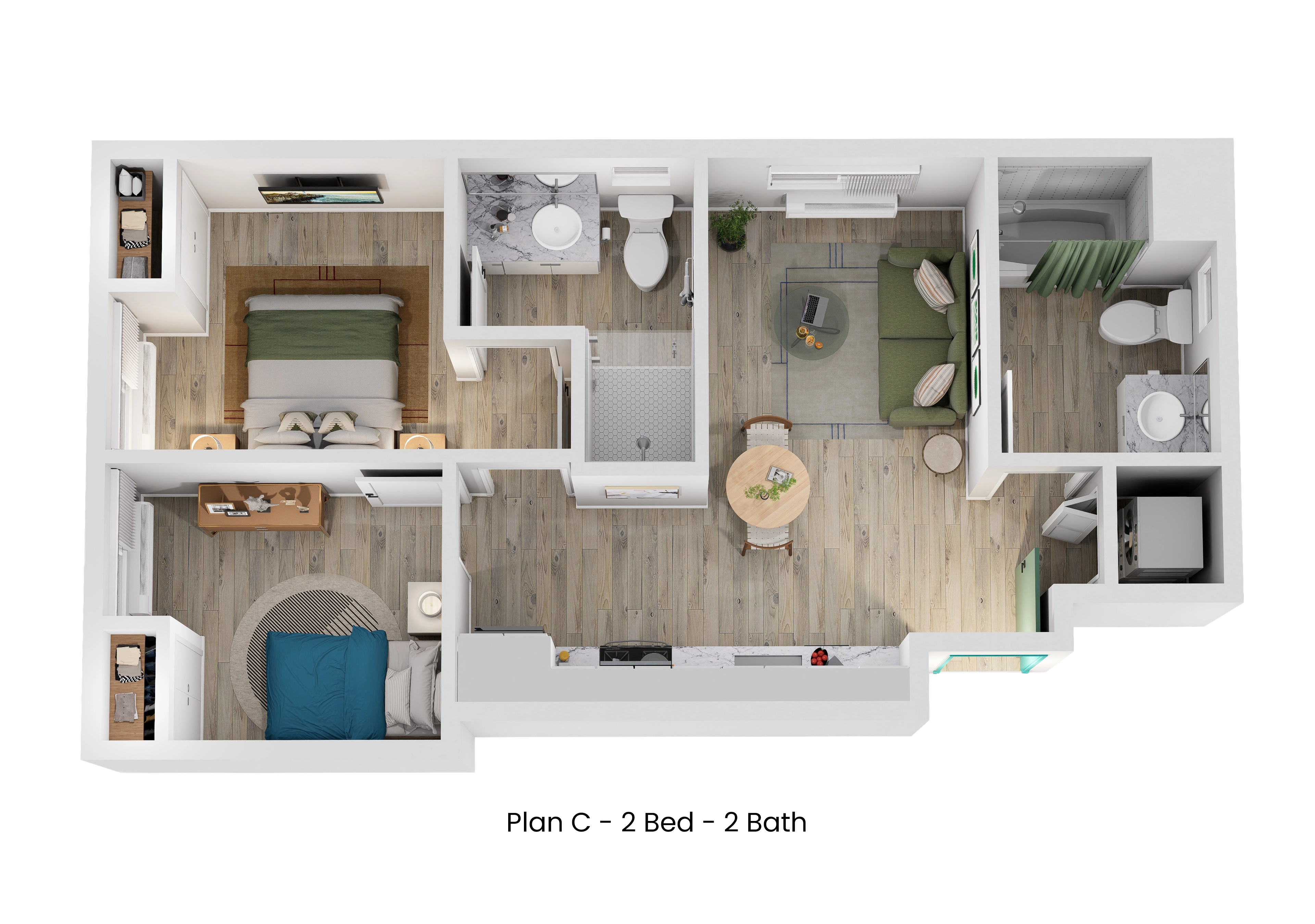 3D floor plan of Plan C, a 2 bed, 2 bath apartment