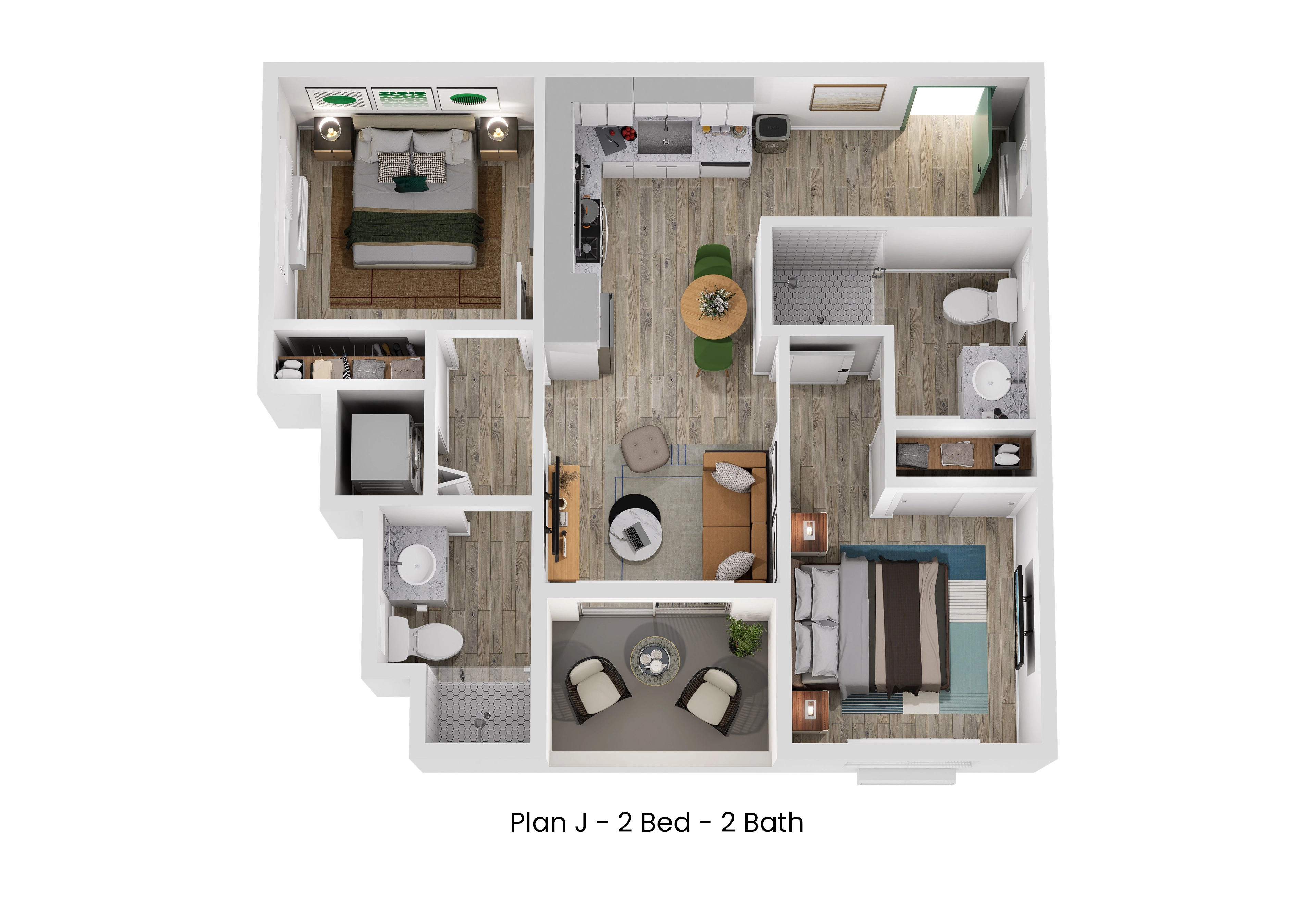 3D floor plan of Plan J, a 2 bed, 2 bath apartment