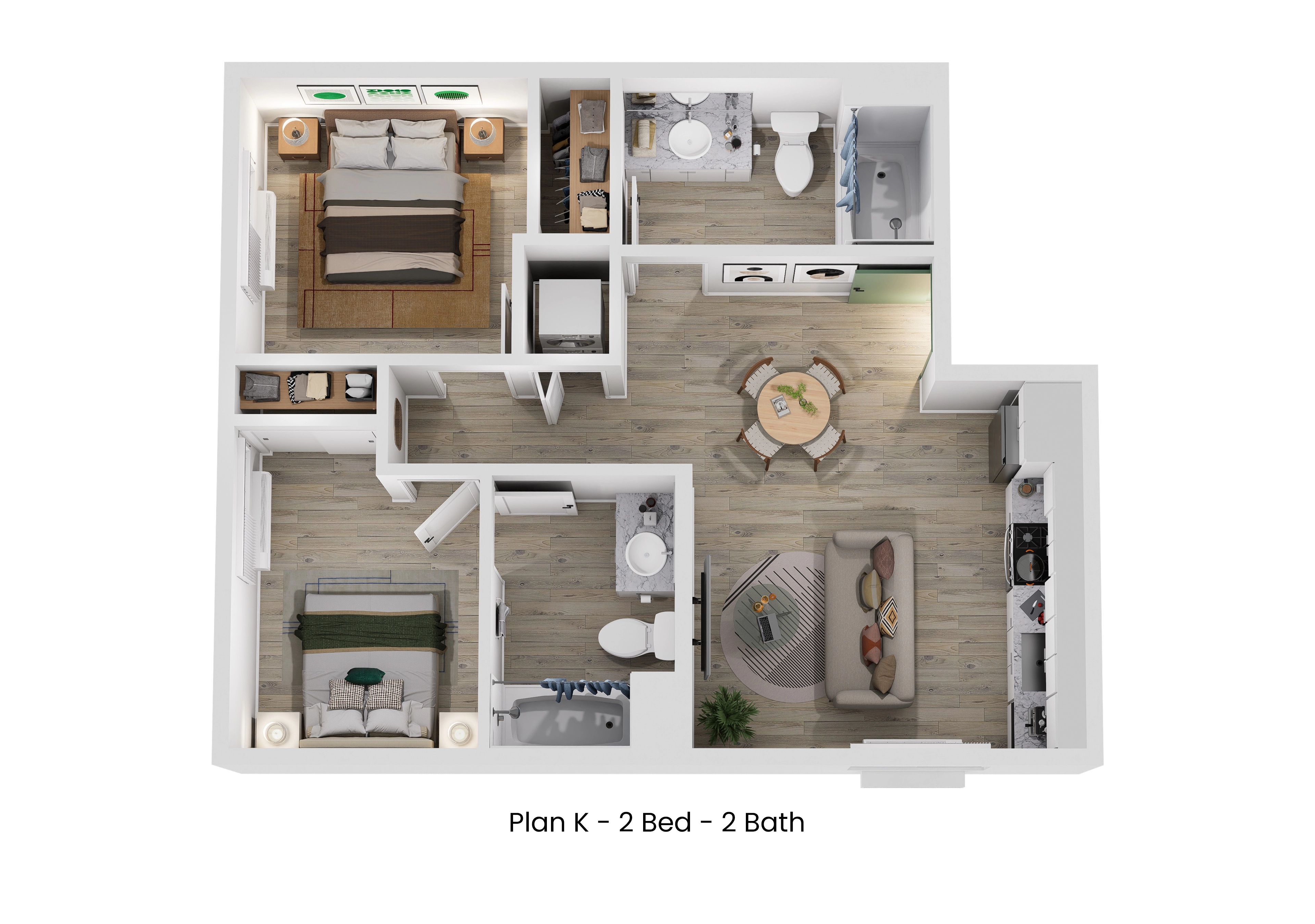 3D floor plan of Plan K, a 2 bed, 2 bath apartment