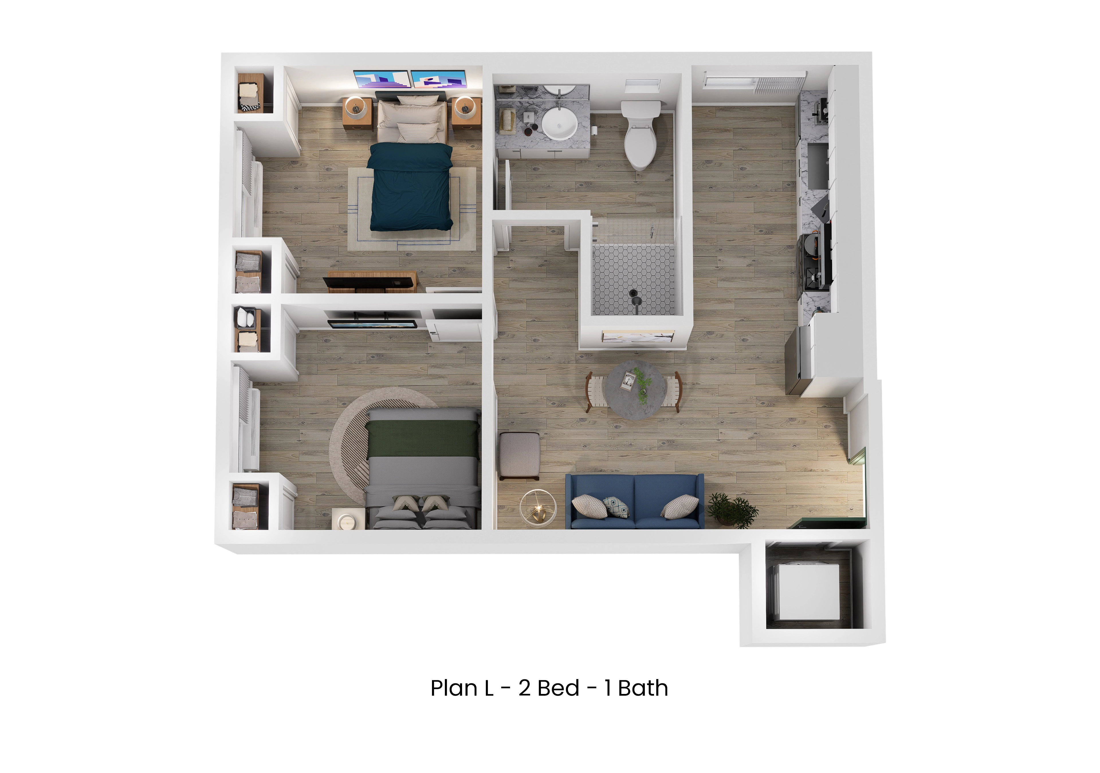 3D floor plan of Plan L, a 2 bed, 1 bath apartment