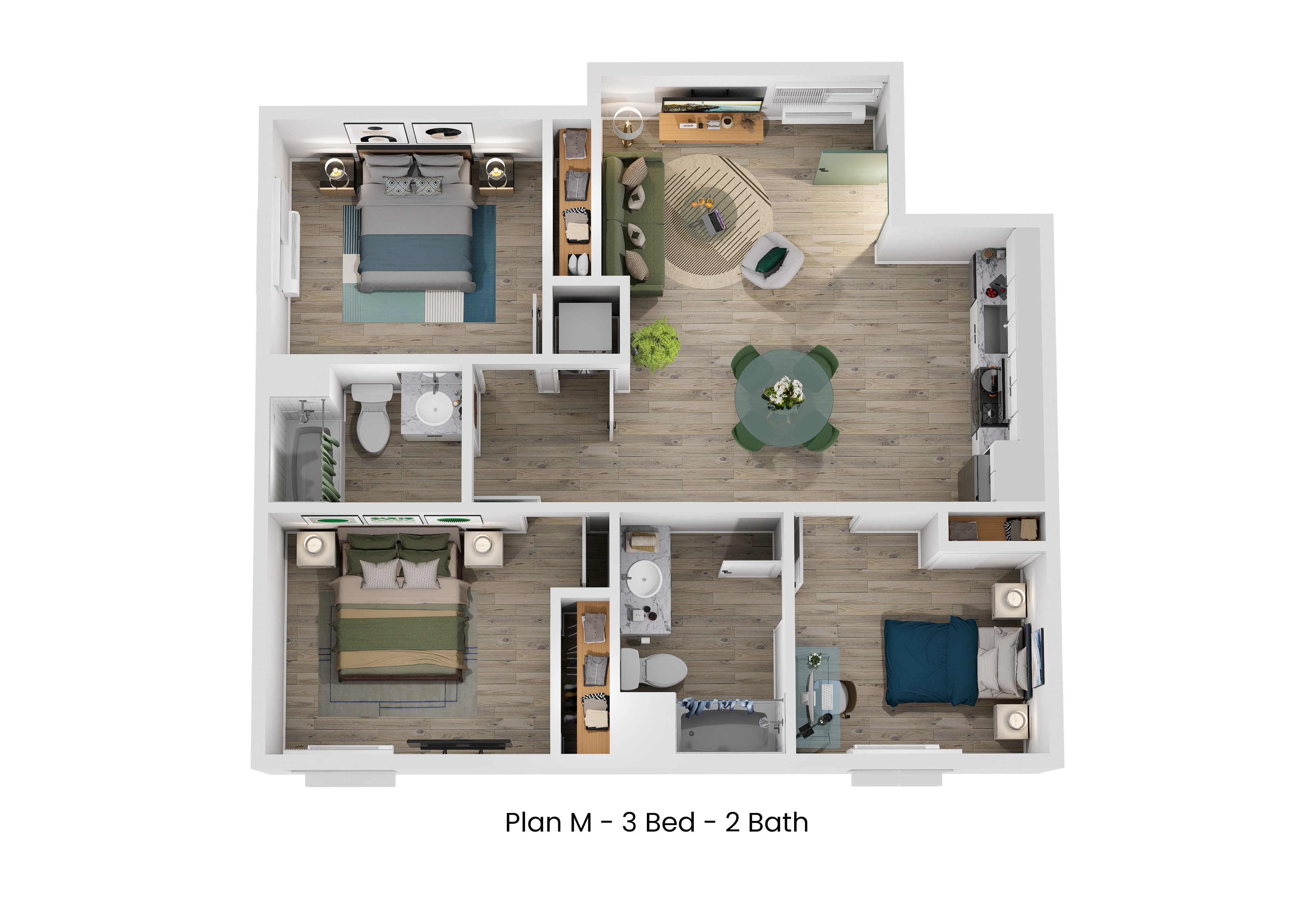3D floor plan of Plan M, a 3 bed, 2 bath apartment