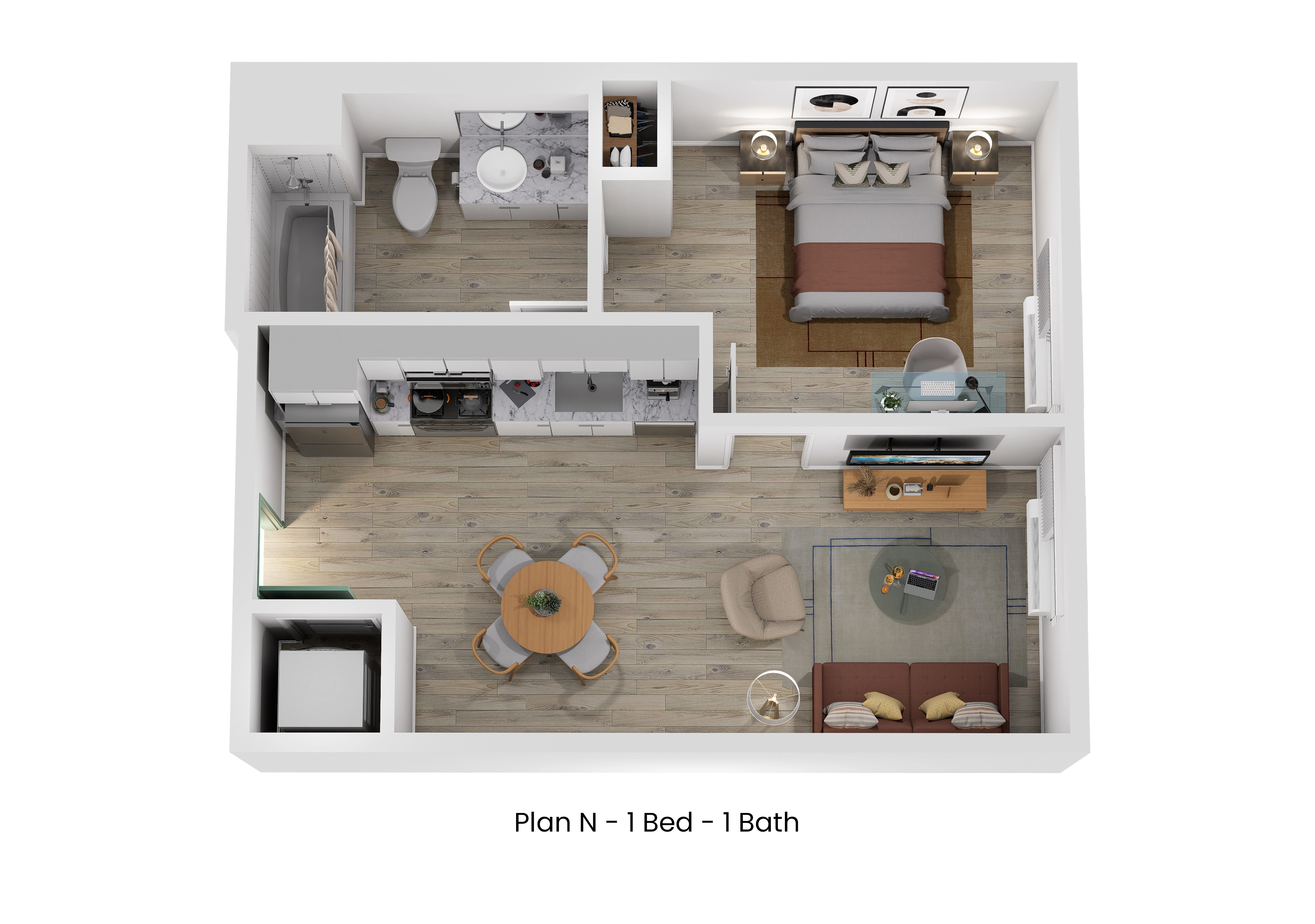 3D floor plan of Plan N, a 1 bed, 1 bath apartment