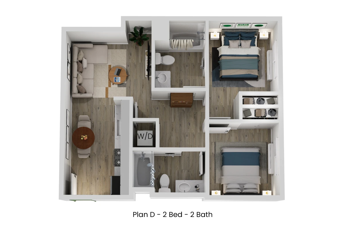 3D floor plan of Plan D, a 2 bed, 2 bath apartment