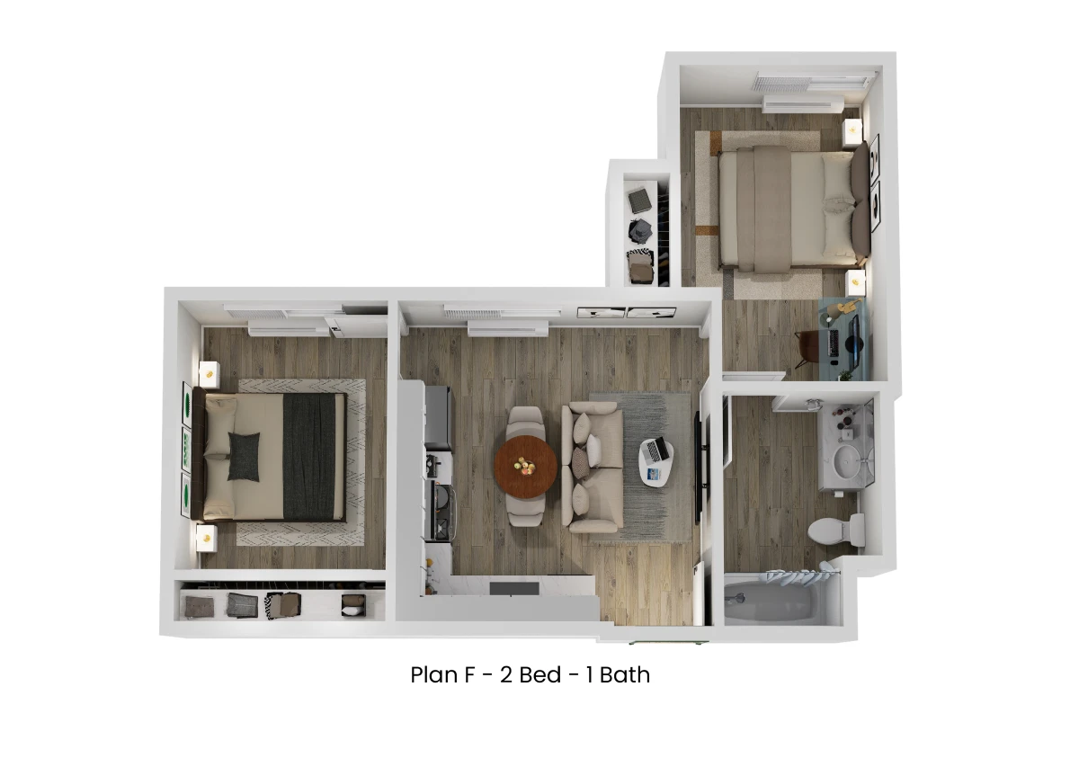 3D floor plan of Plan F, a 2 bed, 1 bath apartment