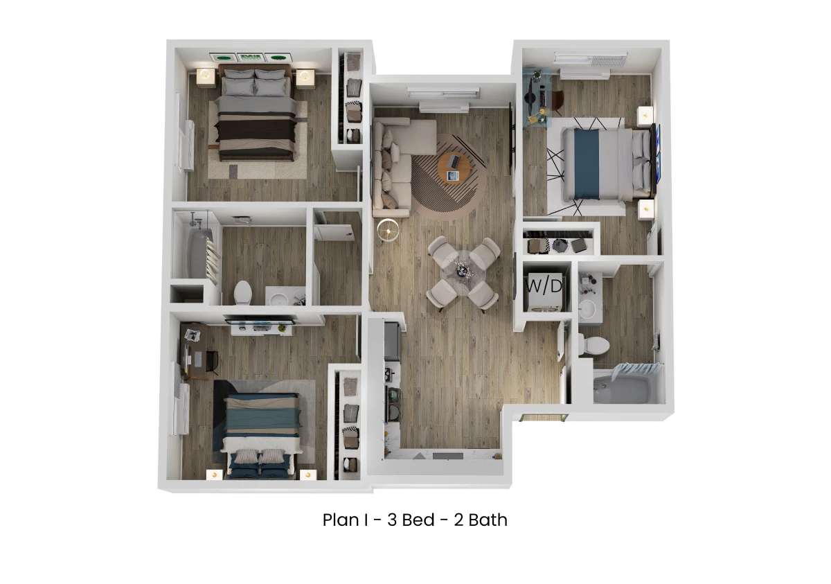 3D floor plan of Plan I, a 3 bed, 2 bath apartment