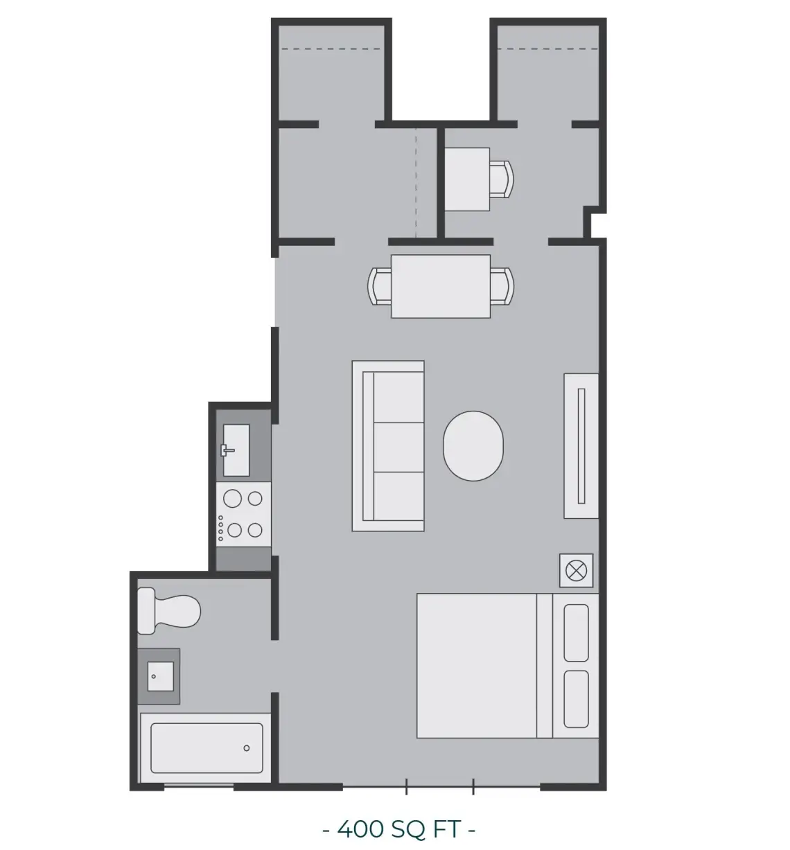 3D floor plan of The Bachelor, a 0 bed, 1 bath apartment