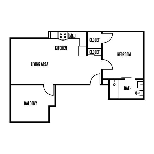 3D floor plan a 1 bed, 1 bath apartment
