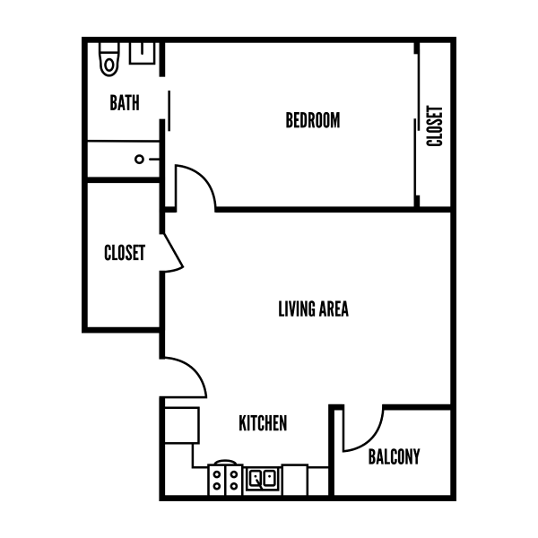 3D floor plan a 1 bed, 1 bath apartment
