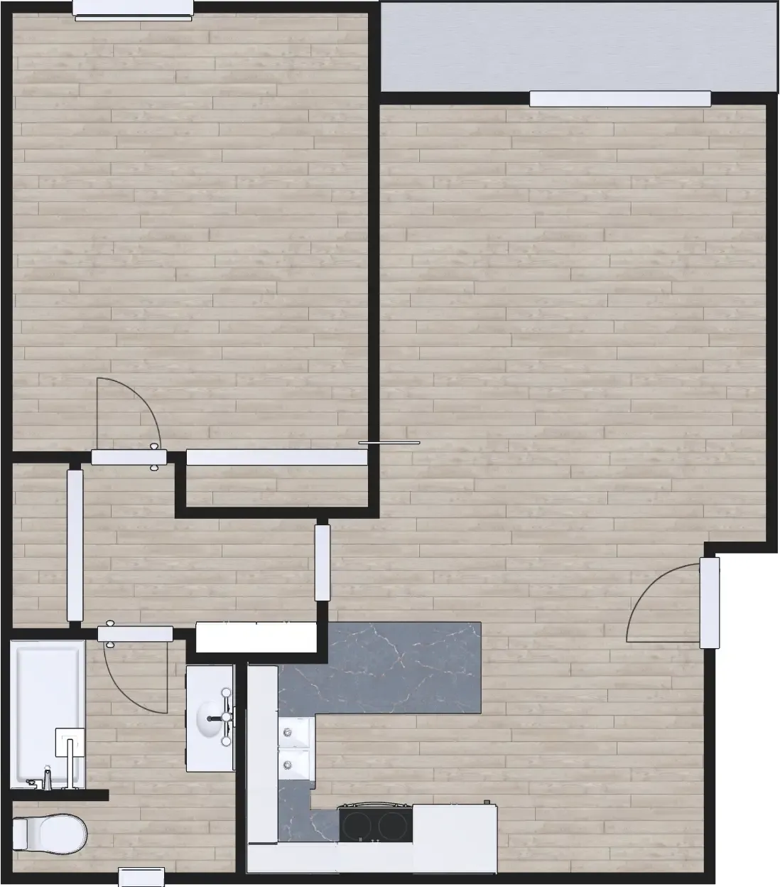 3D floor plan a 1 bed, 1 bath apartment
