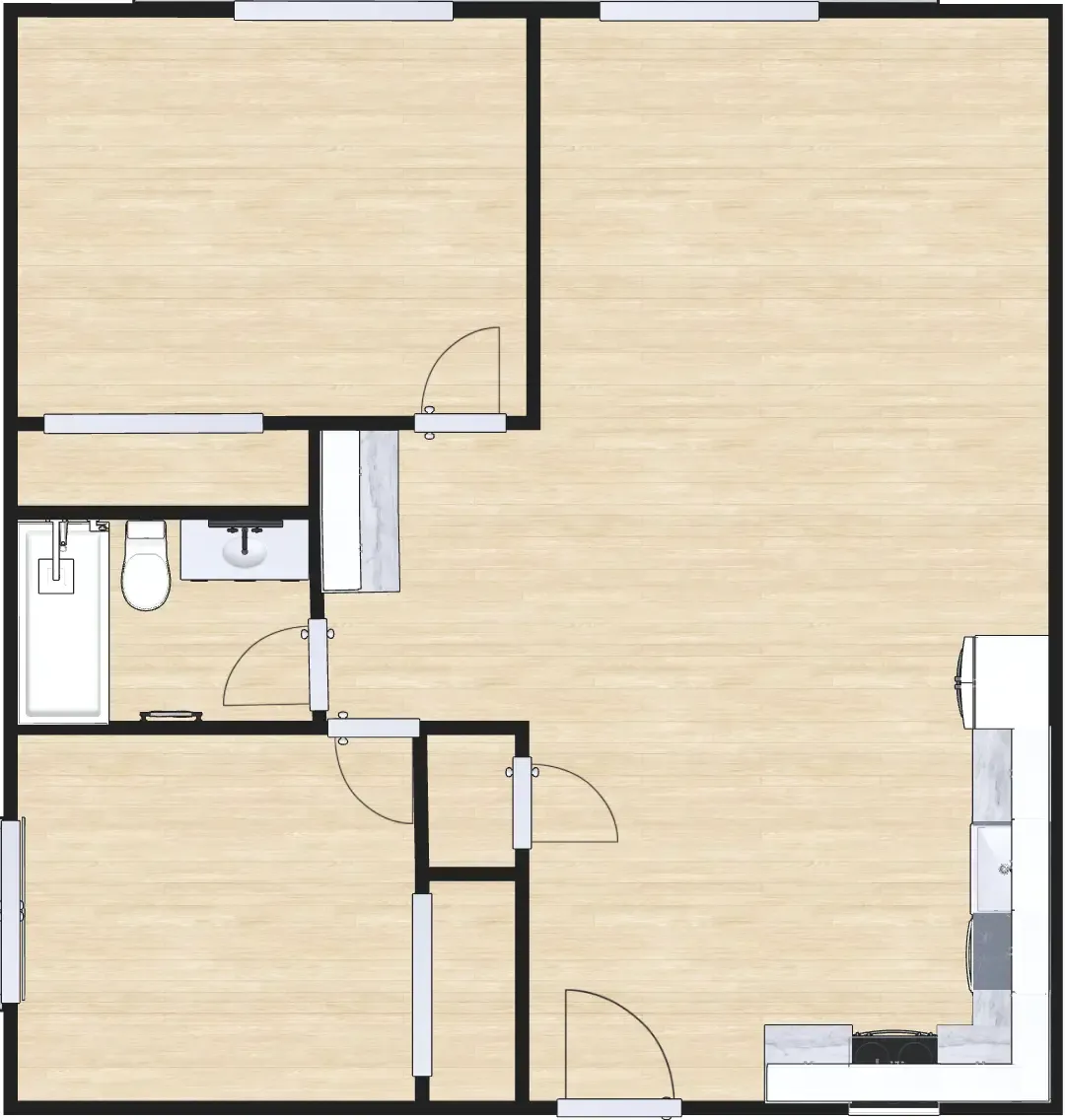3D floor plan a 2 bed, 1 bath apartment