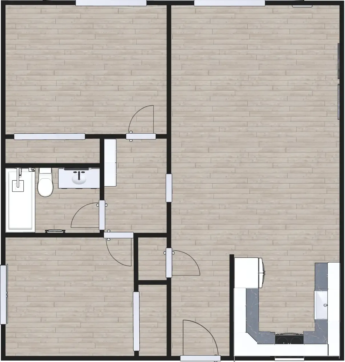 3D floor plan a 2 bed, 1 bath apartment