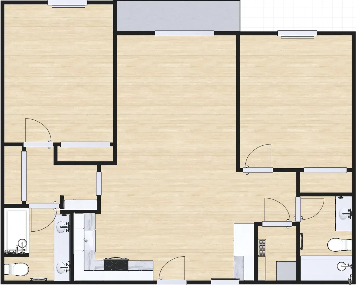3D floor plan a 2 bed, 2 bath apartment