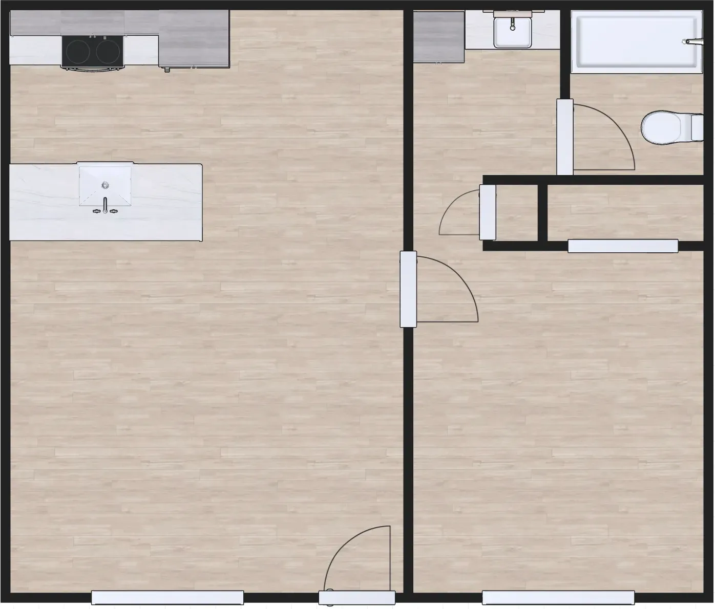 3D floor plan a 1 bed, 1 bath apartment