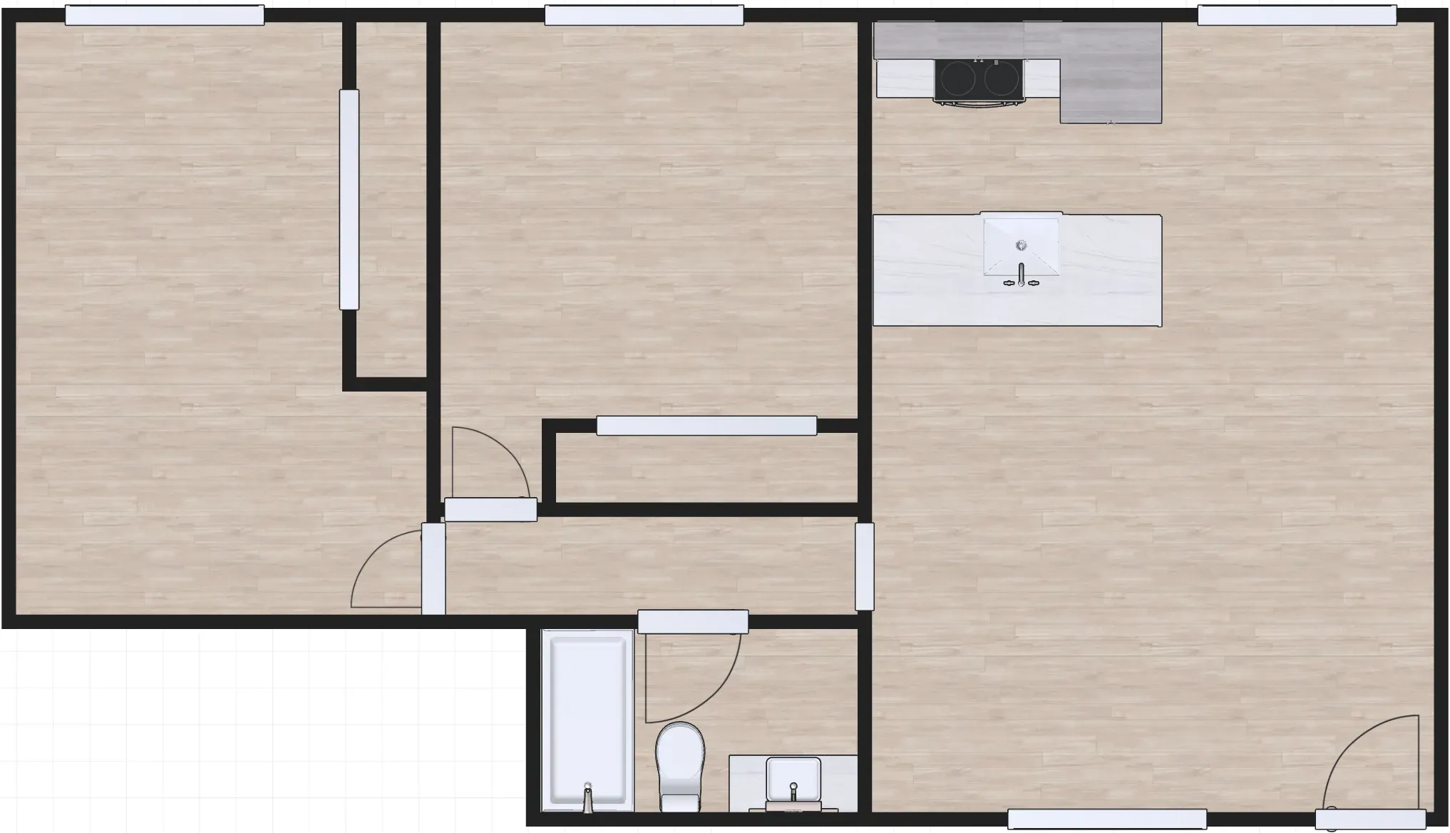 3D floor plan a 2 bed, 1 bath apartment
