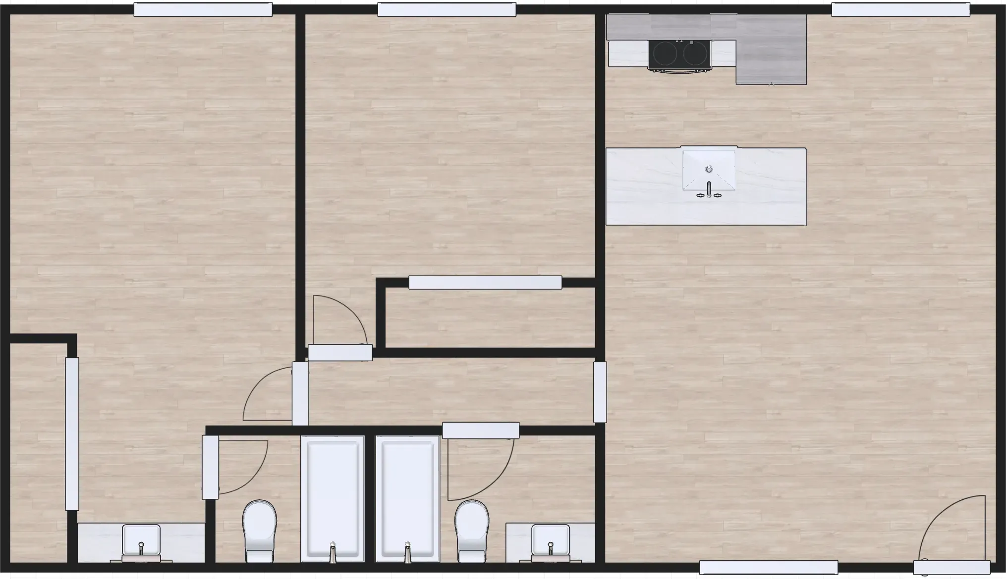 3D floor plan a 2 bed, 2 bath apartment